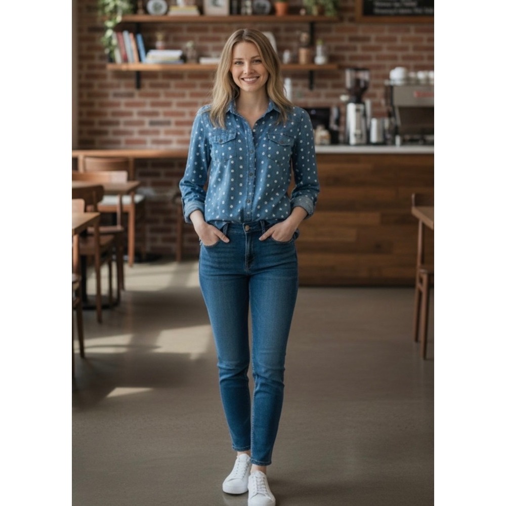 Bullhead Black PacSun Womens Blue Polka Dot Denim Western‎ Button Down Shirt L